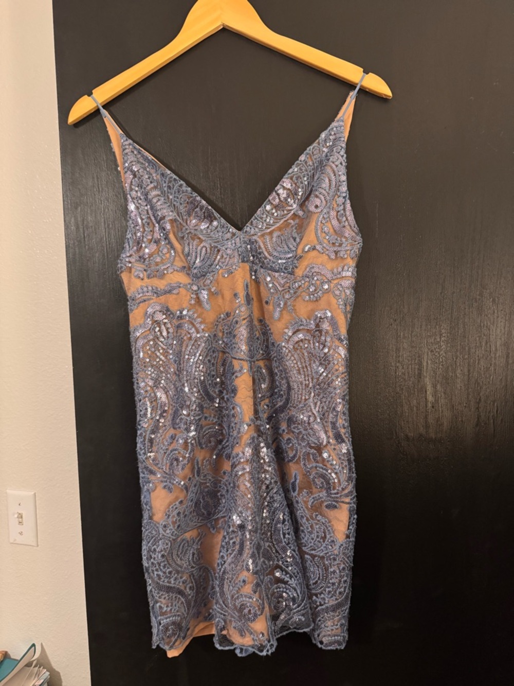 Embellished Spaghetti Strap Cocktail Dress in Light Blue